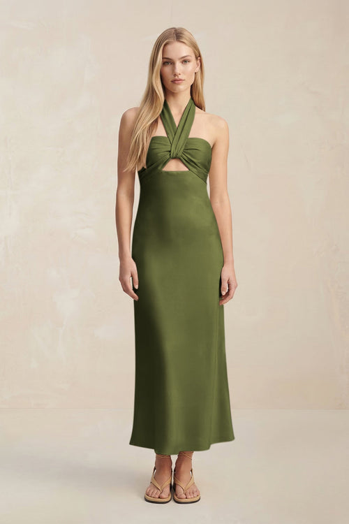 Halter Keyhole Sheath Midi Bridesmaid Dress in Olive - KISS BRIDAL Bridesmaid Dresses