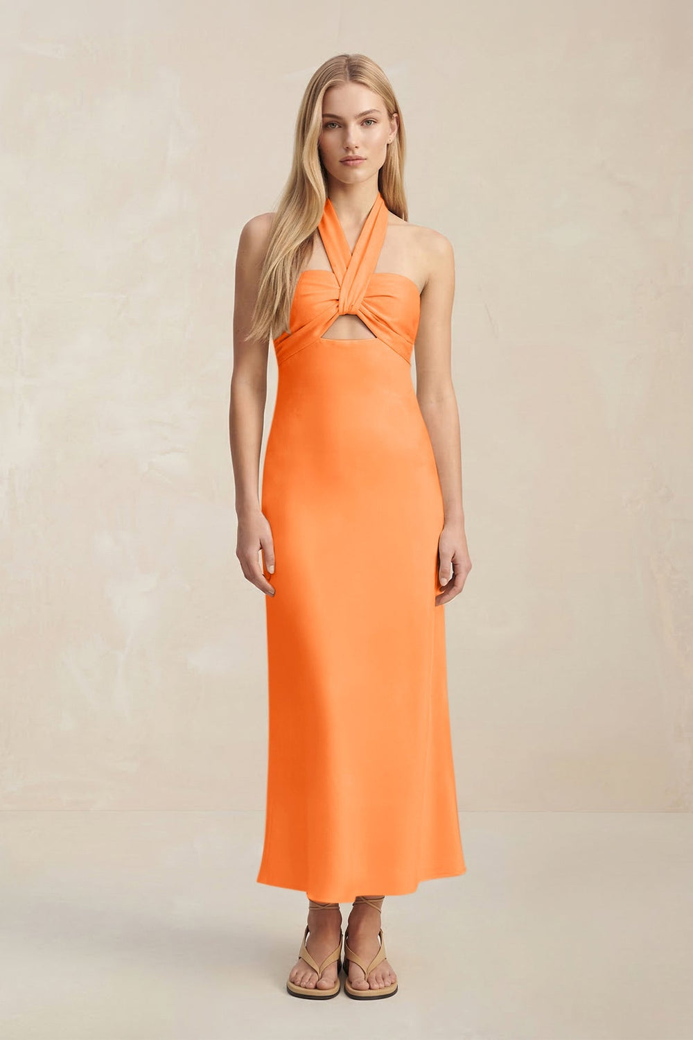 Halter Keyhole Sheath Midi Bridesmaid Dress in Orange - KISS BRIDAL Bridesmaid Dresses