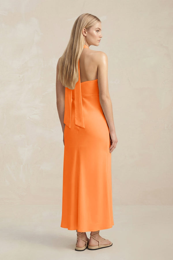 Halter Keyhole Sheath Midi Bridesmaid Dress in Orange - KISS BRIDAL Bridesmaid Dresses