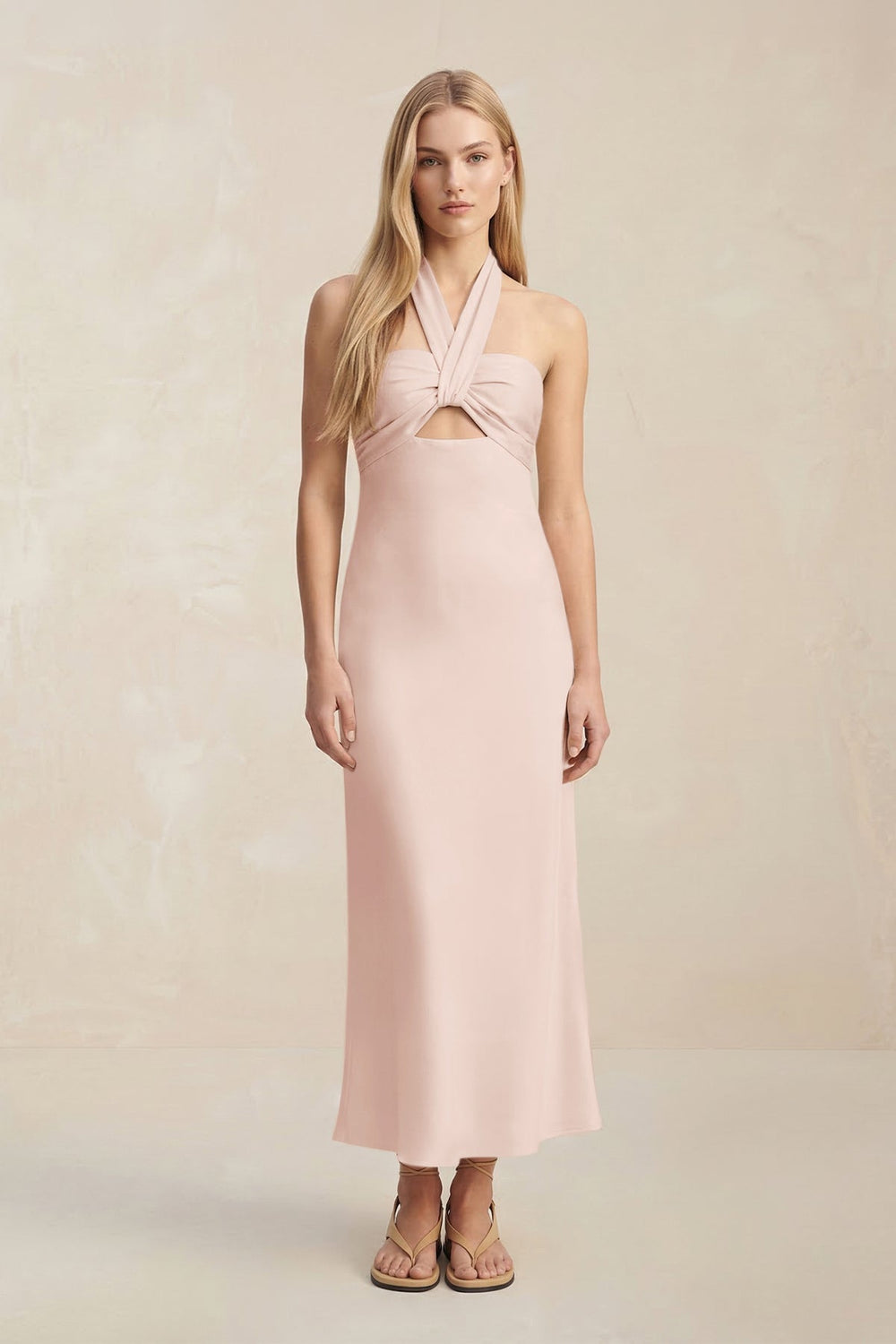 Halter Keyhole Sheath Midi Bridesmaid Dress in Pale Blush - KISS BRIDAL Bridesmaid Dresses