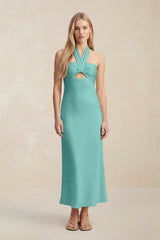 Halter Keyhole Sheath Midi Bridesmaid Dress in Pale Pistachio - KISS BRIDAL Bridesmaid Dresses