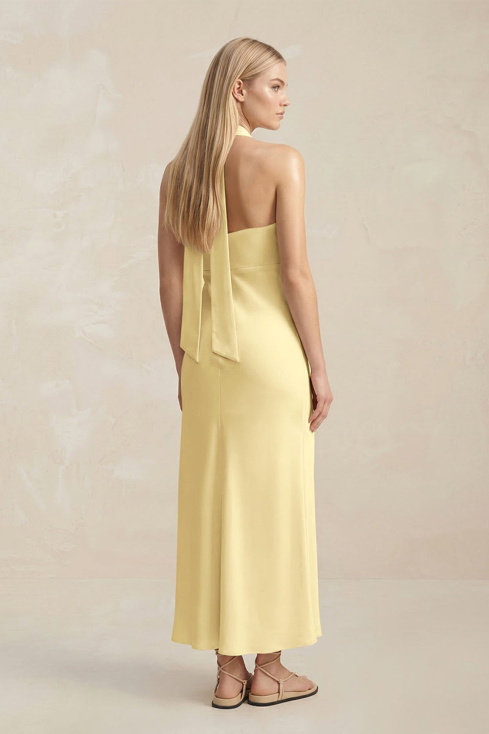 Halter Keyhole Sheath Midi Bridesmaid Dress in Pastel Yellow - KISS BRIDAL Bridesmaid Dresses