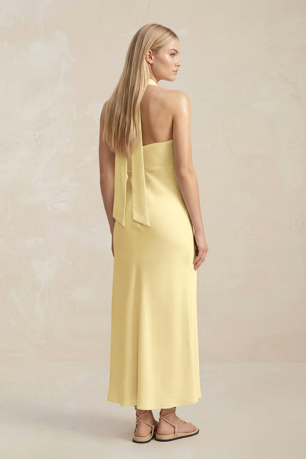 Halter Keyhole Sheath Midi Bridesmaid Dress in Pastel Yellow - KISS BRIDAL Bridesmaid Dresses