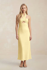 Halter Keyhole Sheath Midi Bridesmaid Dress in Pastel Yellow - KISS BRIDAL Bridesmaid Dresses