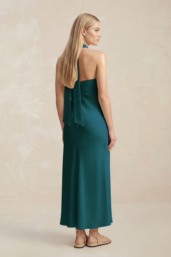 Halter Keyhole Sheath Midi Bridesmaid Dress in Pine - KISS BRIDAL Bridesmaid Dresses