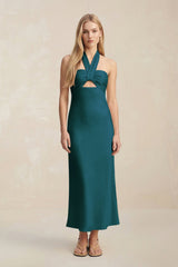 Halter Keyhole Sheath Midi Bridesmaid Dress in Pine - KISS BRIDAL Bridesmaid Dresses