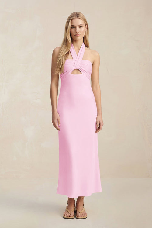 Halter Keyhole Sheath Midi Bridesmaid Dress in Pink - KISS BRIDAL Bridesmaid Dresses