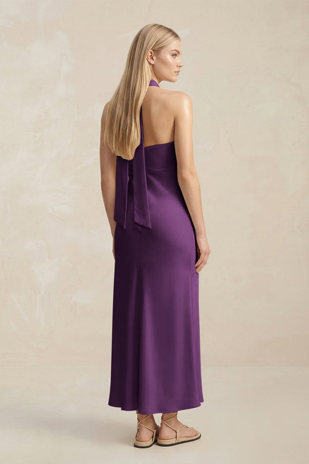 Halter Keyhole Sheath Midi Bridesmaid Dress in Plum - KISS BRIDAL Bridesmaid Dresses