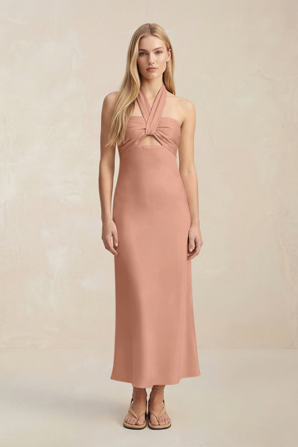Halter Keyhole Sheath Midi Bridesmaid Dress in Rosette - KISS BRIDAL Bridesmaid Dresses