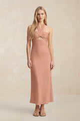 Halter Keyhole Sheath Midi Bridesmaid Dress in Rosette - KISS BRIDAL Bridesmaid Dresses