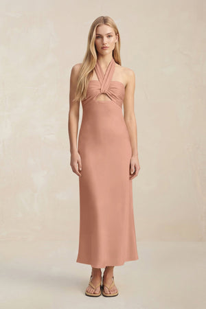 Halter Keyhole Sheath Midi Bridesmaid Dress in Rosette - KISS BRIDAL Bridesmaid Dresses