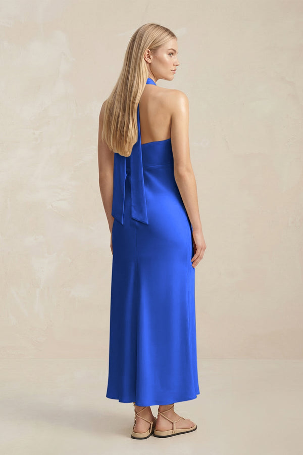 Halter Keyhole Sheath Midi Bridesmaid Dress in Royal Blue - KISS BRIDAL Bridesmaid Dresses