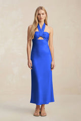 Halter Keyhole Sheath Midi Bridesmaid Dress in Royal Blue - KISS BRIDAL Bridesmaid Dresses