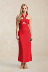 Halter Keyhole Sheath Midi Bridesmaid Dress in Ruby Red - KISS BRIDAL Bridesmaid Dresses