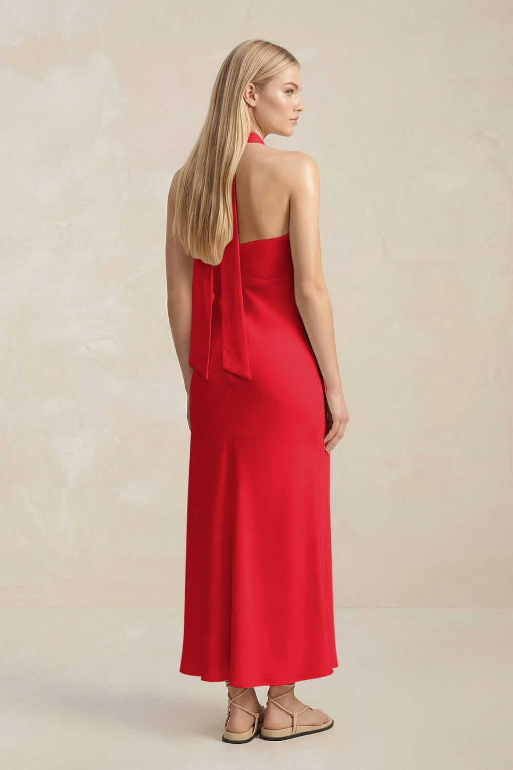 Halter Keyhole Sheath Midi Bridesmaid Dress in Ruby Red - KISS BRIDAL Bridesmaid Dresses
