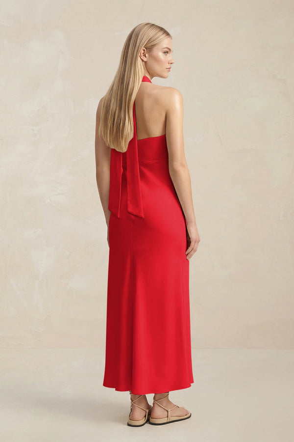 Halter Keyhole Sheath Midi Bridesmaid Dress in Ruby Red - KISS BRIDAL Bridesmaid Dresses