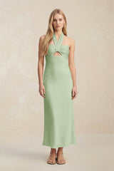 Halter Keyhole Sheath Midi Bridesmaid Dress in Sage - KISS BRIDAL Bridesmaid Dresses
