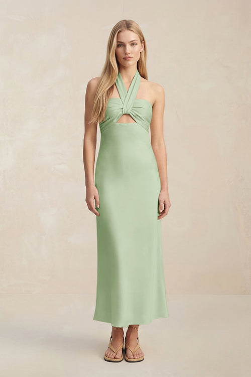 Halter Keyhole Sheath Midi Bridesmaid Dress in Sage - KISS BRIDAL Bridesmaid Dresses