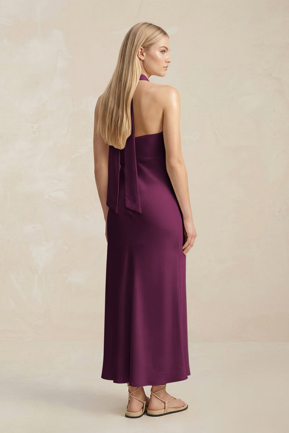 Halter Keyhole Sheath Midi Bridesmaid Dress in Sangria - KISS BRIDAL Bridesmaid Dresses