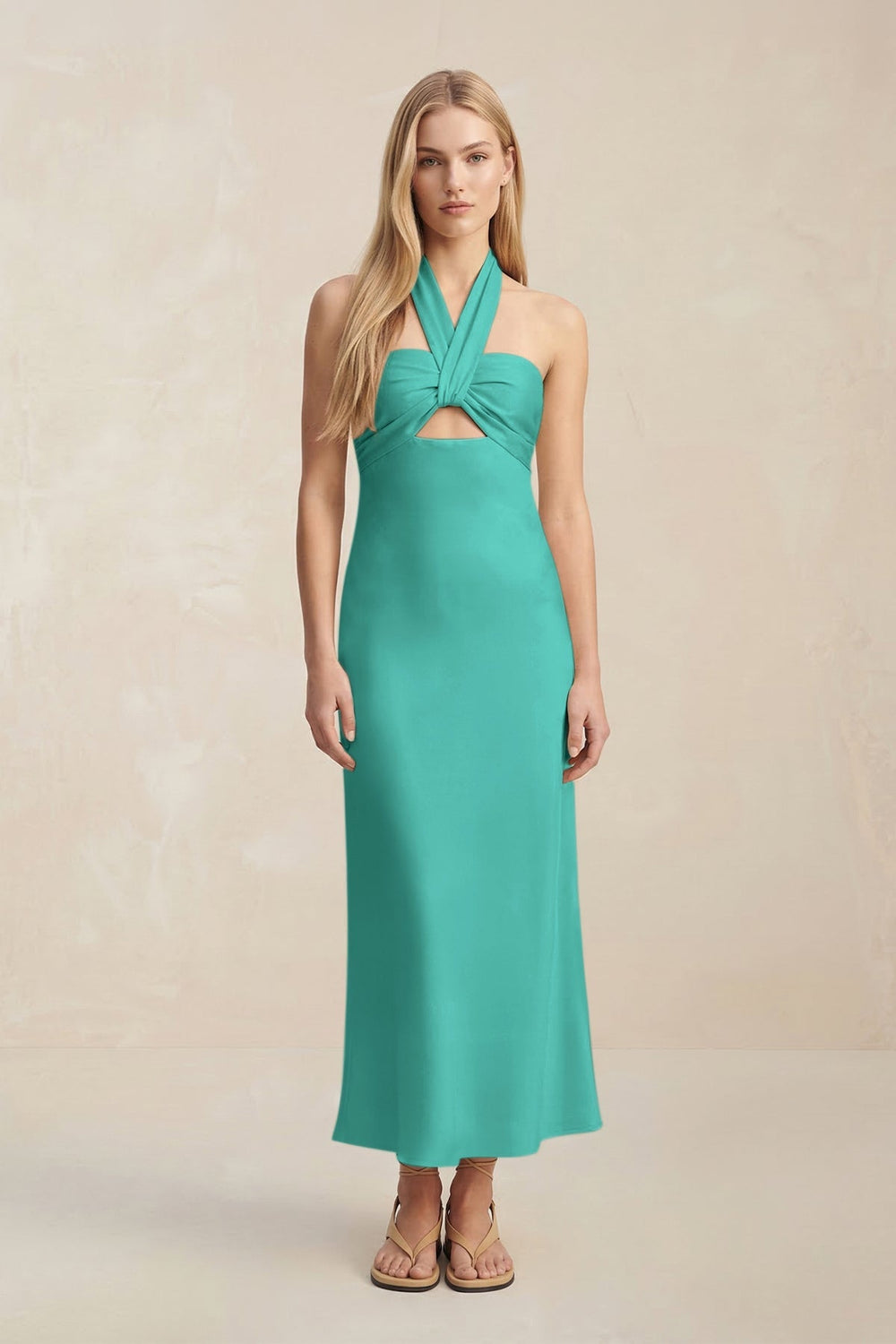 Halter Keyhole Sheath Midi Bridesmaid Dress in Sea Glass - KISS BRIDAL Bridesmaid Dresses