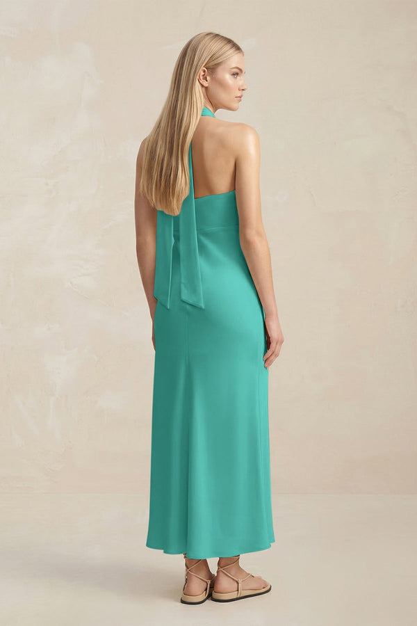 Halter Keyhole Sheath Midi Bridesmaid Dress in Sea Glass - KISS BRIDAL Bridesmaid Dresses