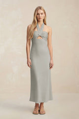 Halter Keyhole Sheath Midi Bridesmaid Dress in Silver - KISS BRIDAL Bridesmaid Dresses