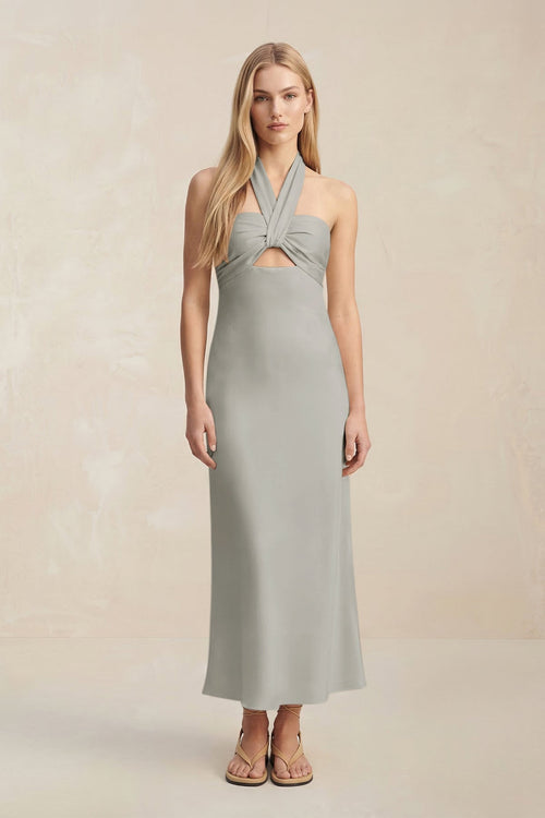 Halter Keyhole Sheath Midi Bridesmaid Dress in Silver - KISS BRIDAL Bridesmaid Dresses