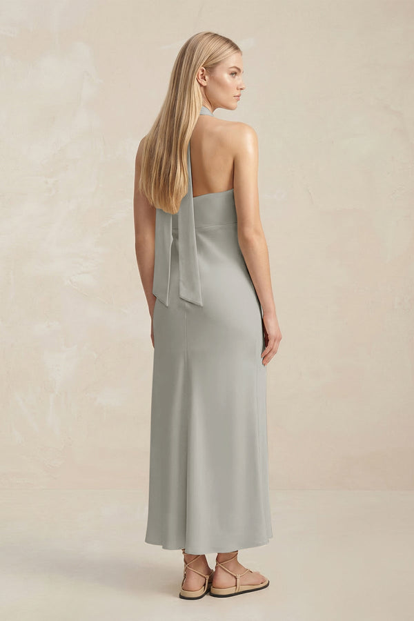 Halter Keyhole Sheath Midi Bridesmaid Dress in Silver - KISS BRIDAL Bridesmaid Dresses