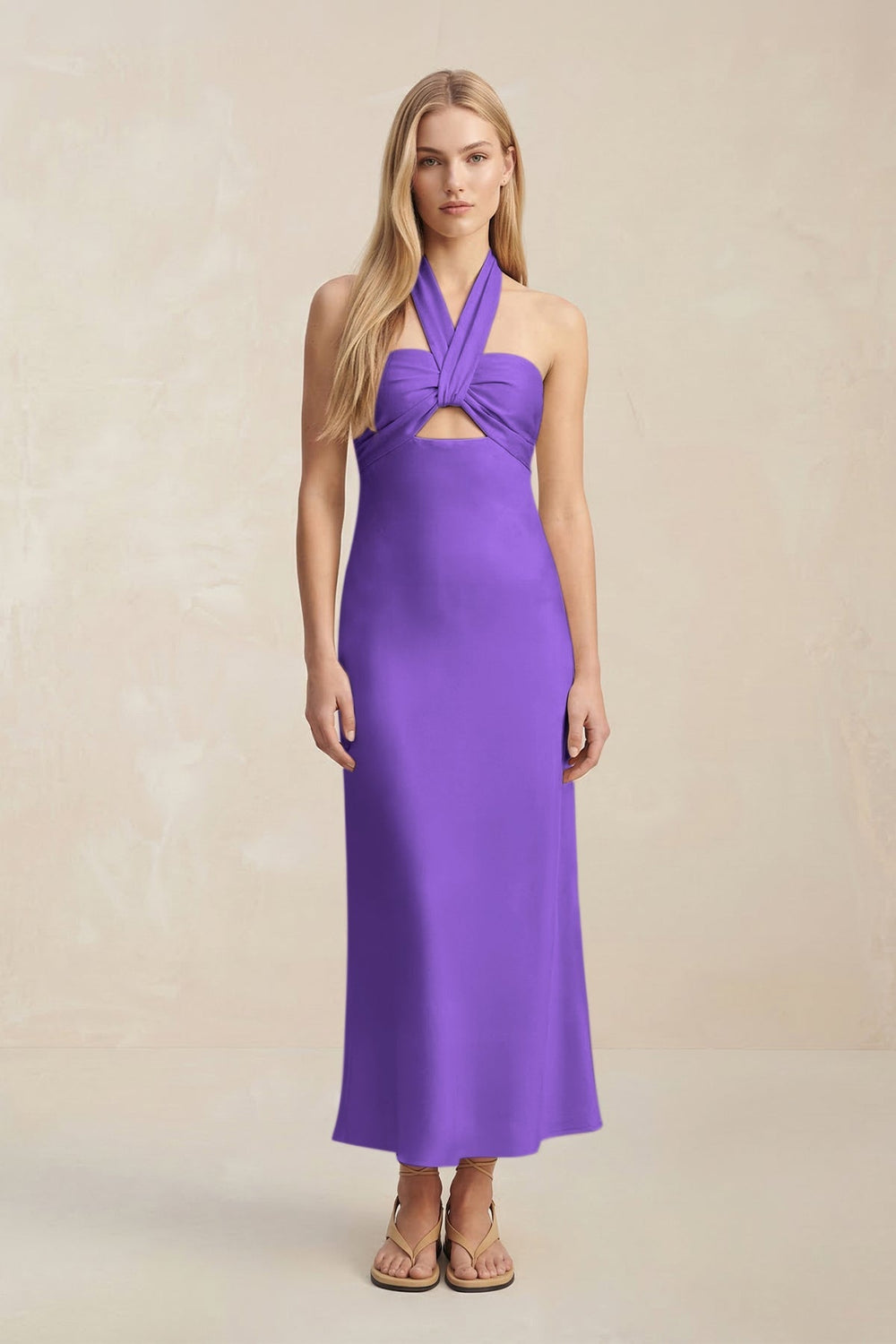 Halter Keyhole Sheath Midi Bridesmaid Dress in Tahiti - KISS BRIDAL Bridesmaid Dresses