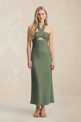 Halter Keyhole Sheath Midi Bridesmaid Dress in Thyme - KISS BRIDAL Bridesmaid Dresses