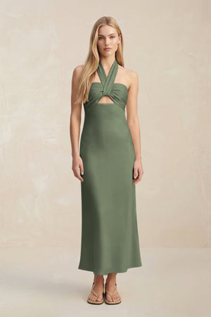 Halter Keyhole Sheath Midi Bridesmaid Dress in Thyme - KISS BRIDAL Bridesmaid Dresses