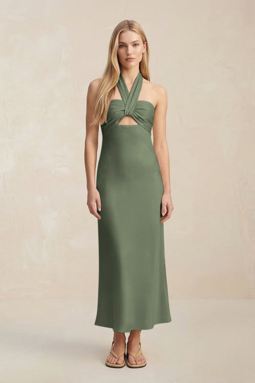 Halter Keyhole Sheath Midi Bridesmaid Dress in Thyme - KISS BRIDAL Bridesmaid Dresses