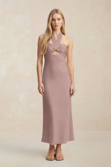 Halter Keyhole Sheath Midi Bridesmaid Dress in Toffee - KISS BRIDAL Bridesmaid Dresses