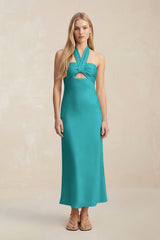 Halter Keyhole Sheath Midi Bridesmaid Dress in Turquoise - KISS BRIDAL Bridesmaid Dresses