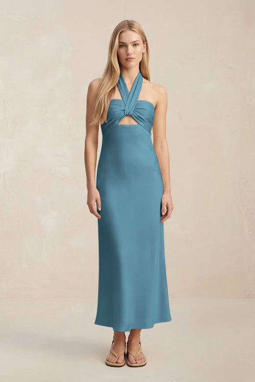 Halter Keyhole Sheath Midi Bridesmaid Dress in Twilight - KISS BRIDAL Bridesmaid Dresses