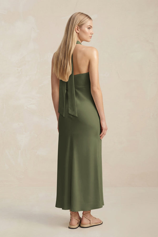 Halter Keyhole Sheath Midi Bridesmaid Dress in Willow Green - KISS BRIDAL Bridesmaid Dresses