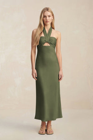 Halter Keyhole Sheath Midi Bridesmaid Dress in Willow Green - KISS BRIDAL Bridesmaid Dresses