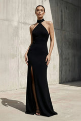 Halter Maxi Dress With Slit in Black - KISS BRIDAL