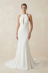 Halter Mermaid Satin Wedding Dress in White - KISS BRIDAL Wedding Dresses