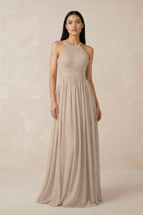 Halter Neck A - Line Chiffon Bridesmaid Dress in Almond - KISS BRIDAL Bridesmaid Dresses