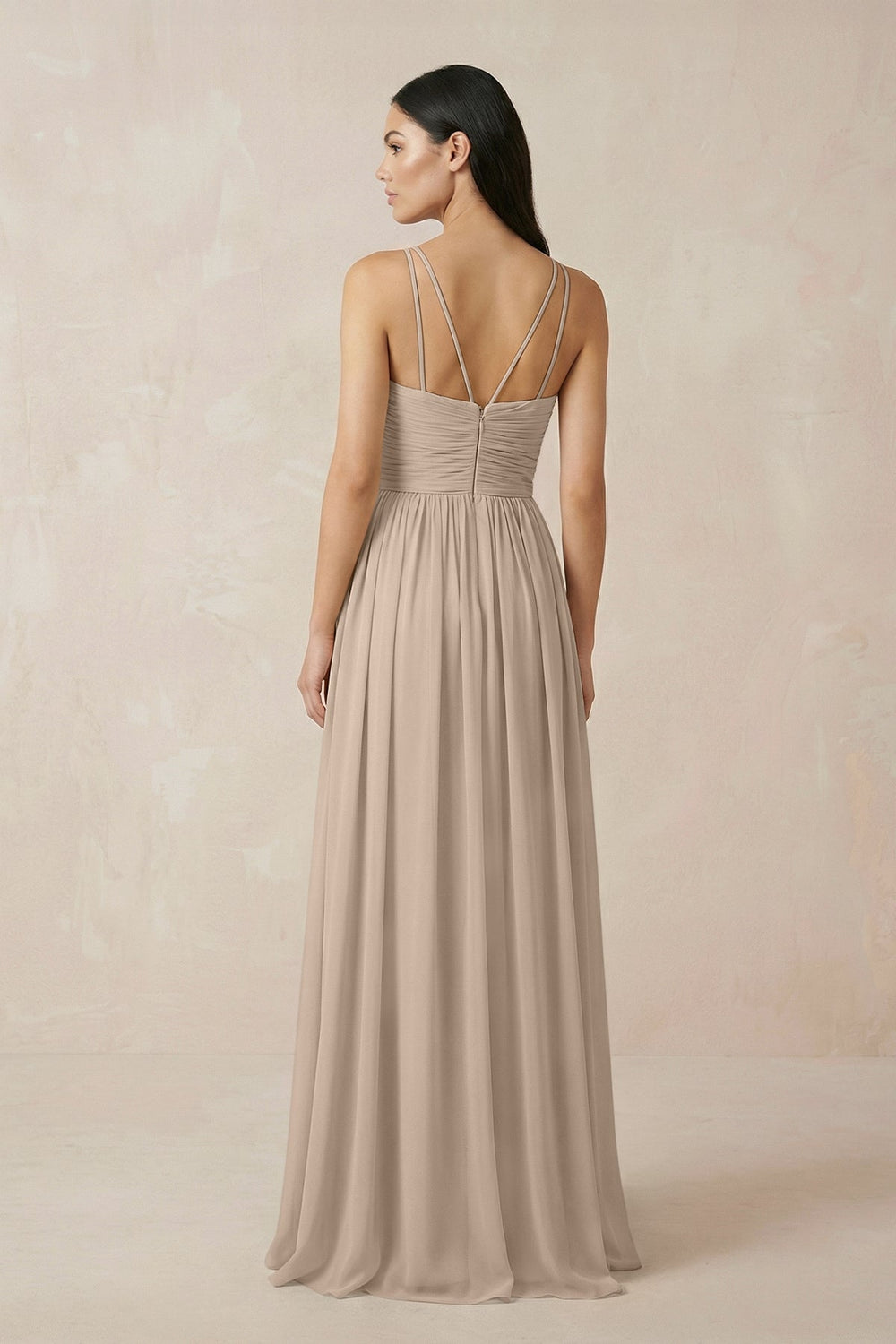 Halter Neck A - Line Chiffon Bridesmaid Dress in Almond - KISS BRIDAL Bridesmaid Dresses