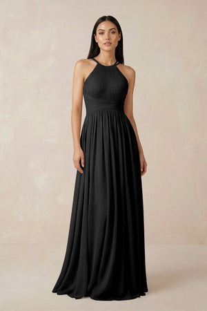 Halter Neck A - Line Chiffon Bridesmaid Dress in Black - SHE IS ME Bridesmaid Dresses