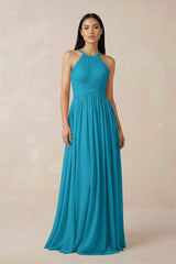Halter Neck A - Line Chiffon Bridesmaid Dress in Blue Jay - KISS BRIDAL Bridesmaid Dresses