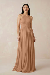 Halter Neck A - Line Chiffon Bridesmaid Dress in Bronzer - KISS BRIDAL Bridesmaid Dresses