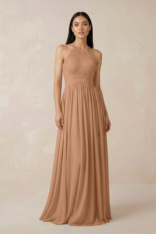 Halter Neck A - Line Chiffon Bridesmaid Dress in Bronzer - KISS BRIDAL Bridesmaid Dresses