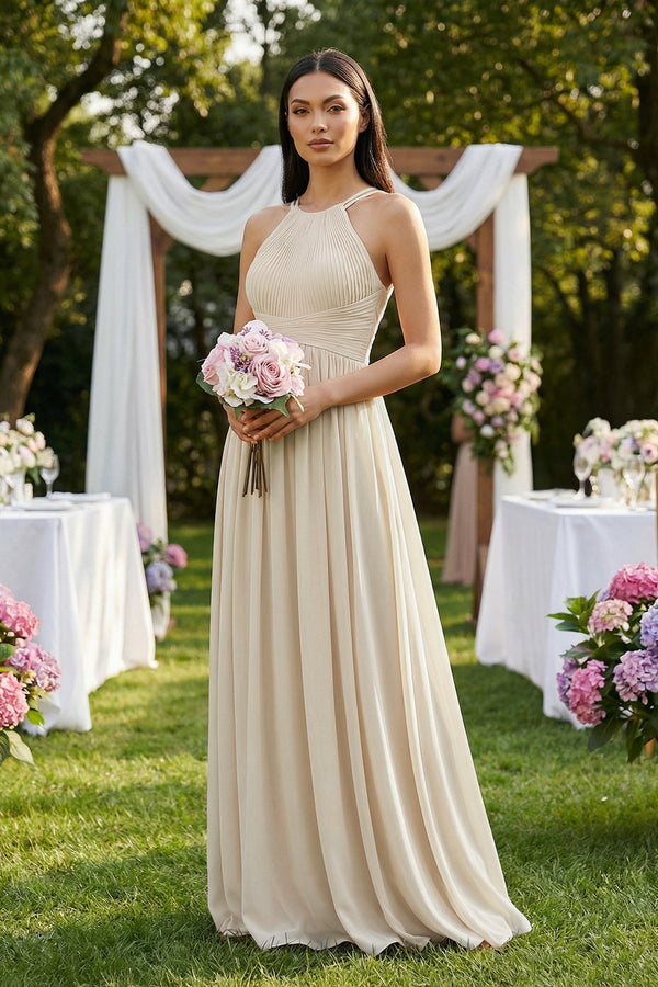 Halter Neck A-Line Chiffon Bridesmaid Dress in Champagne - SHE IS ME BRIDESMAID DRESSES