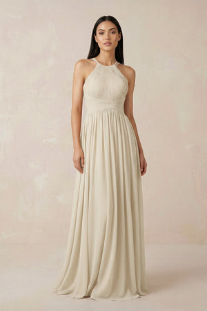 Halter Neck A-Line Chiffon Bridesmaid Dress in Champagne - SHE IS ME BRIDESMAID DRESSES