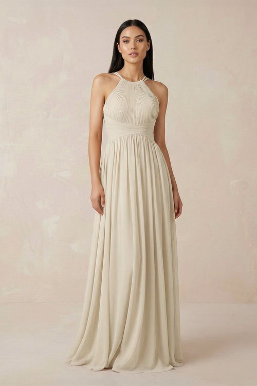 Halter Neck A-Line Chiffon Bridesmaid Dress in Champagne - SHE IS ME BRIDESMAID DRESSES