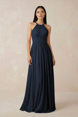 Halter Neck A - Line Chiffon Bridesmaid Dress in Dark Navy - KISS BRIDAL Bridesmaid Dresses