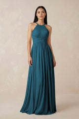 Halter Neck A - Line Chiffon Bridesmaid Dress in Dark Teal - KISS BRIDAL Bridesmaid Dresses